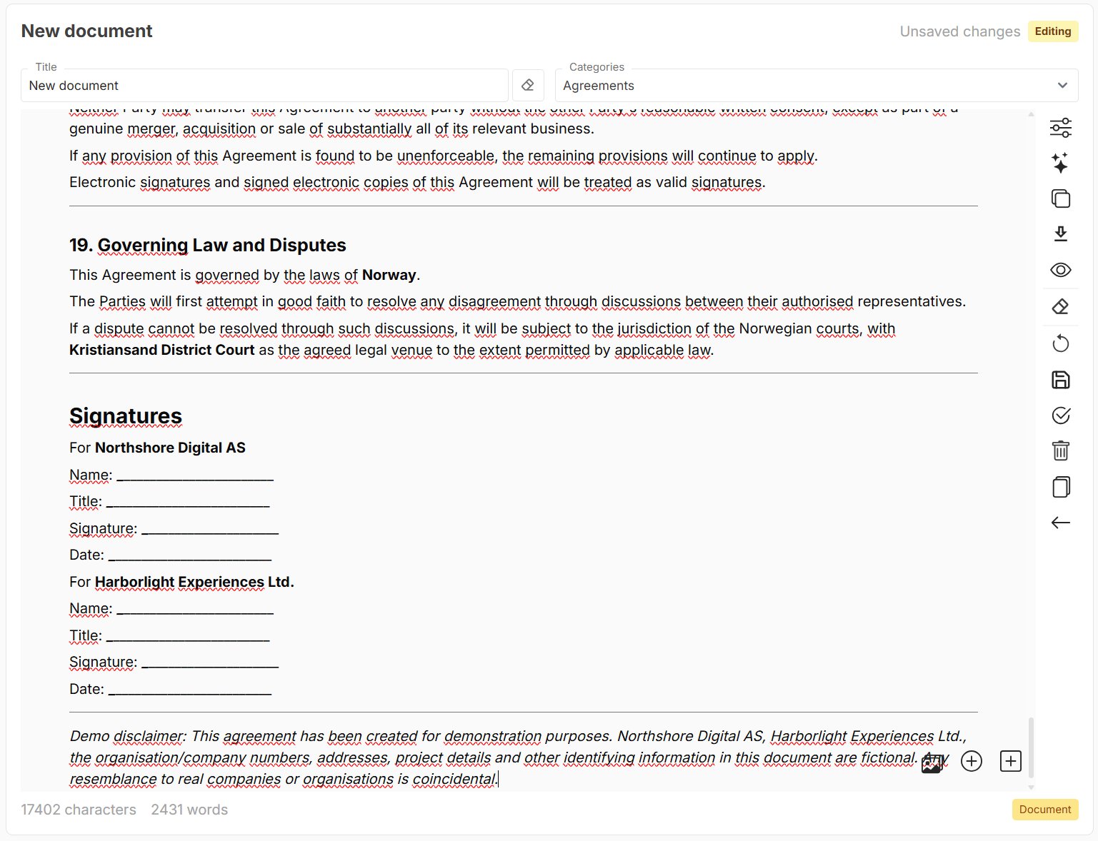 An AI-generated agreement pasted into the TemplatePoint document editor