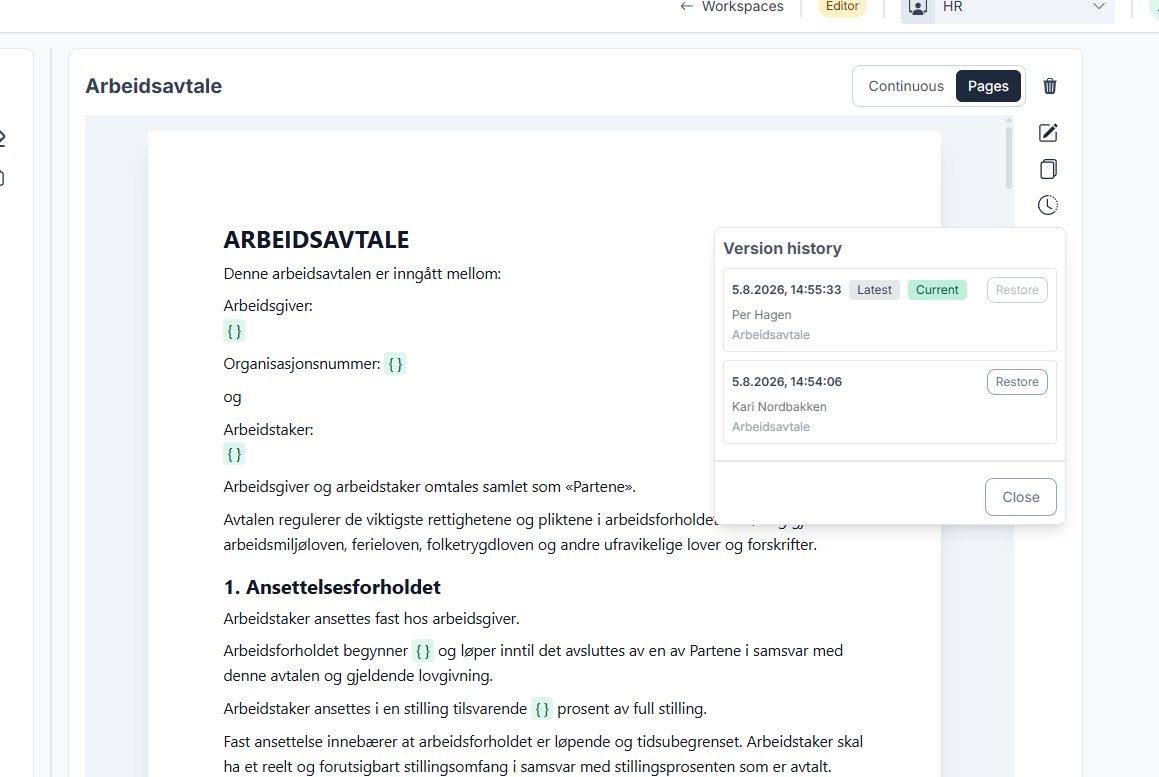 Modal for version history list open showing a list of versions and authors