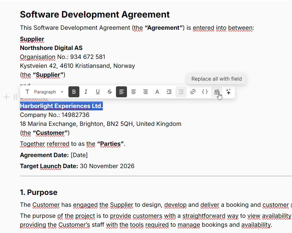 Open the replace all with field from the toolbar by marking the text and clicking the button on the toolbar