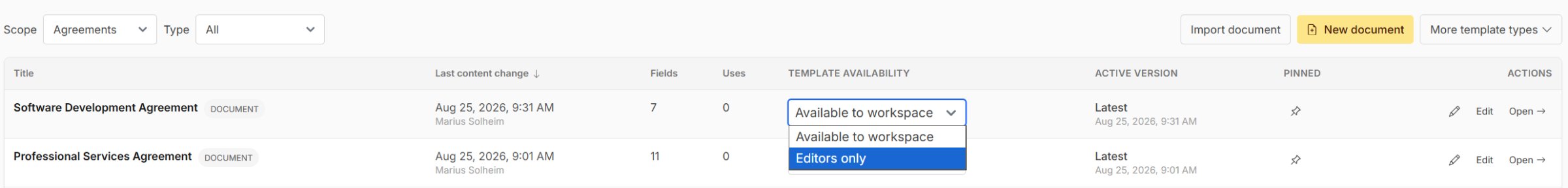 Changing a template’s availability to Editors only