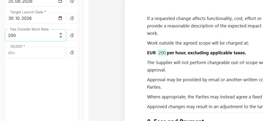 An entered hourly rate of EUR 200 overriding the default value