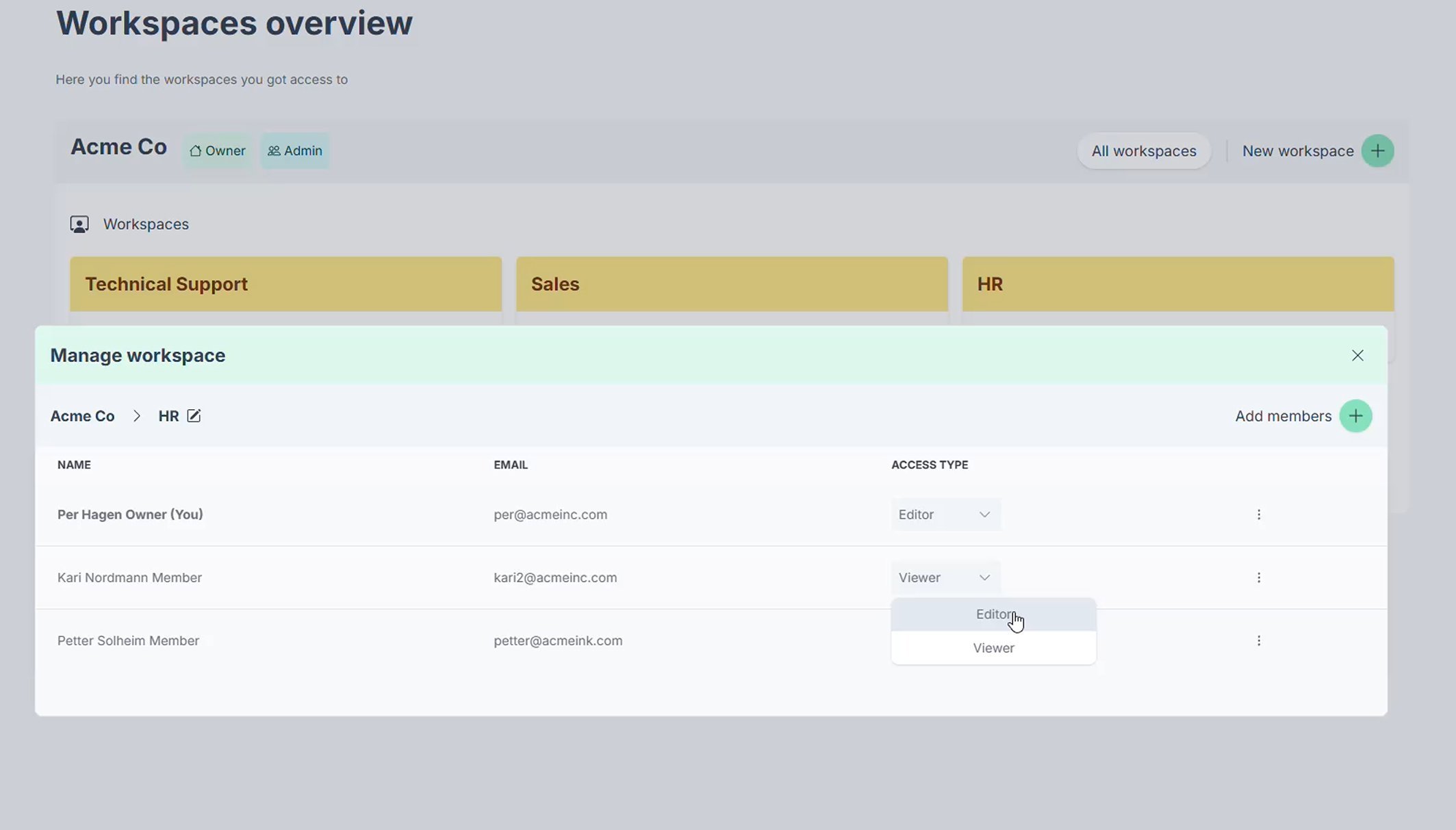 Managing Editor and Viewer access for members of a workspace