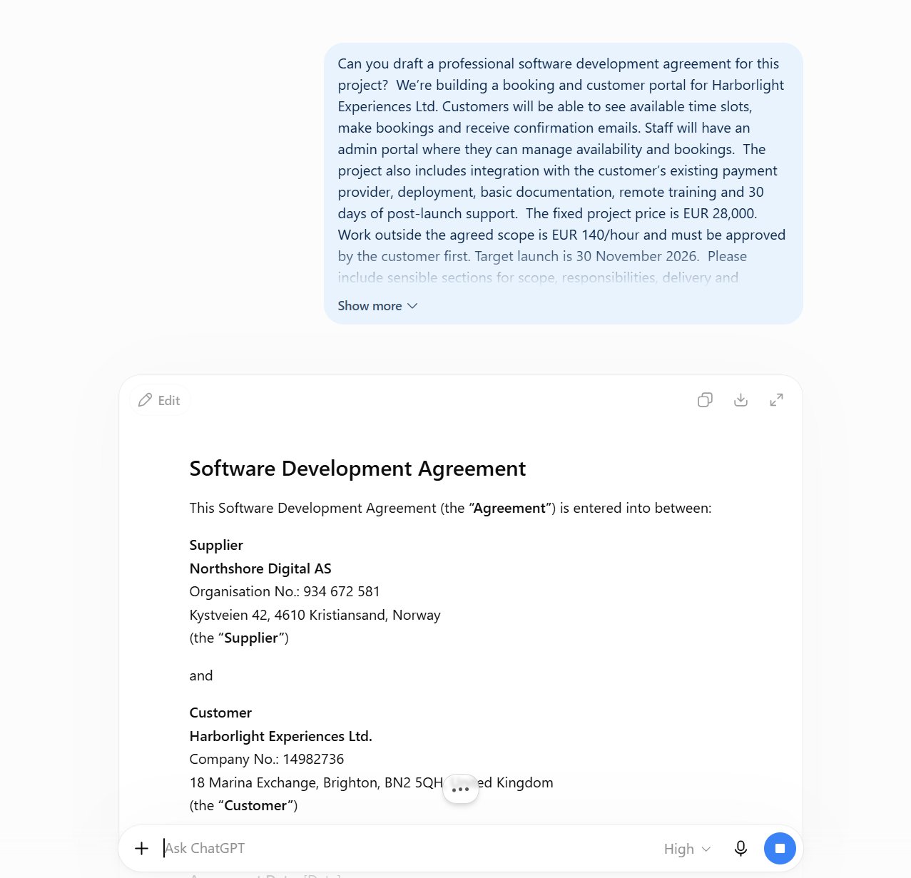 ChatGPT drafting a software development agreement from a project prompt