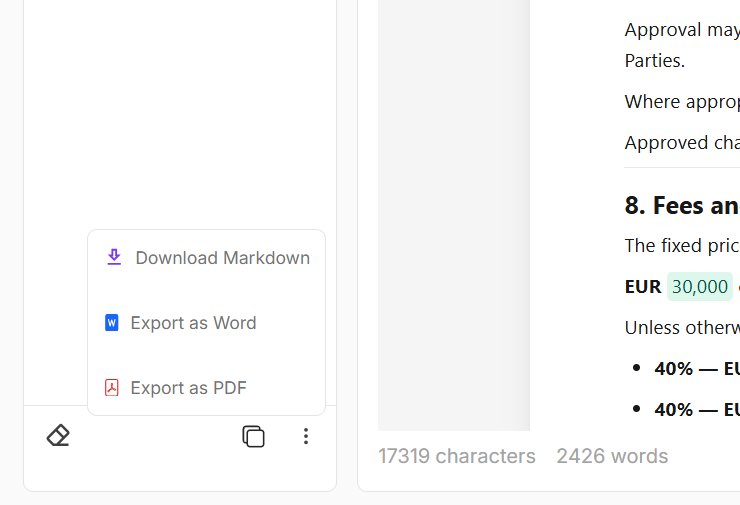 Options to download Markdown or export the agreement as Word or PDF
