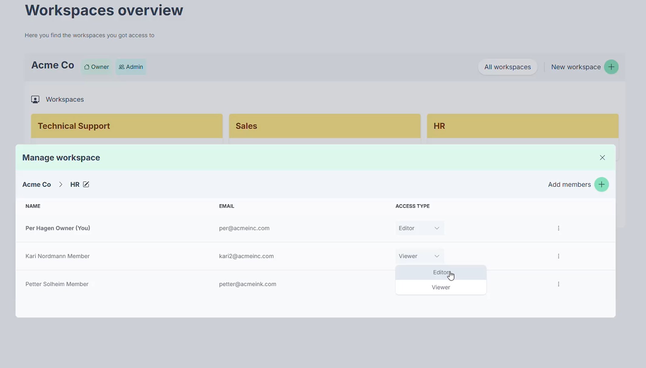 Access management modal open with a list of employees