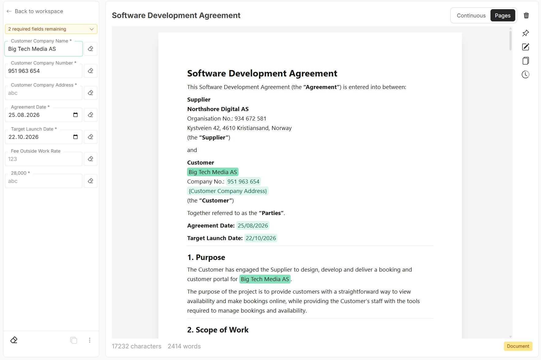 One customer company input updating and highlighting multiple linked fields in the agreement