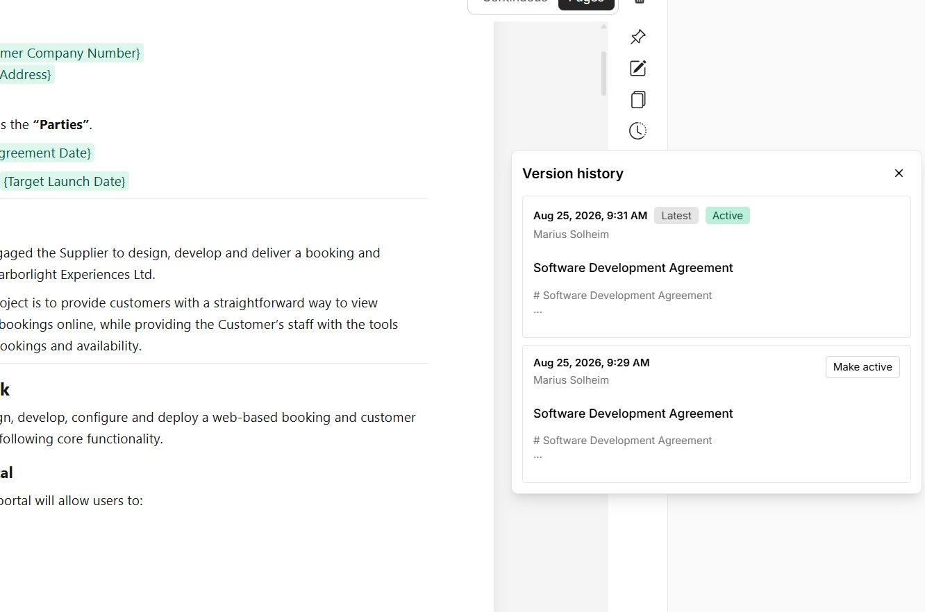 Version history showing the latest and active versions of an agreement